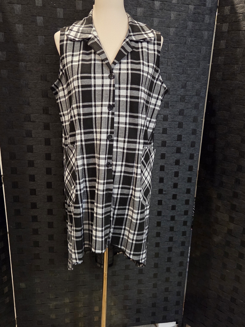NWOT J Mode USA Plaid Sleeveless Tunic Dress Sz 2X High Low Duster Vest Pockets